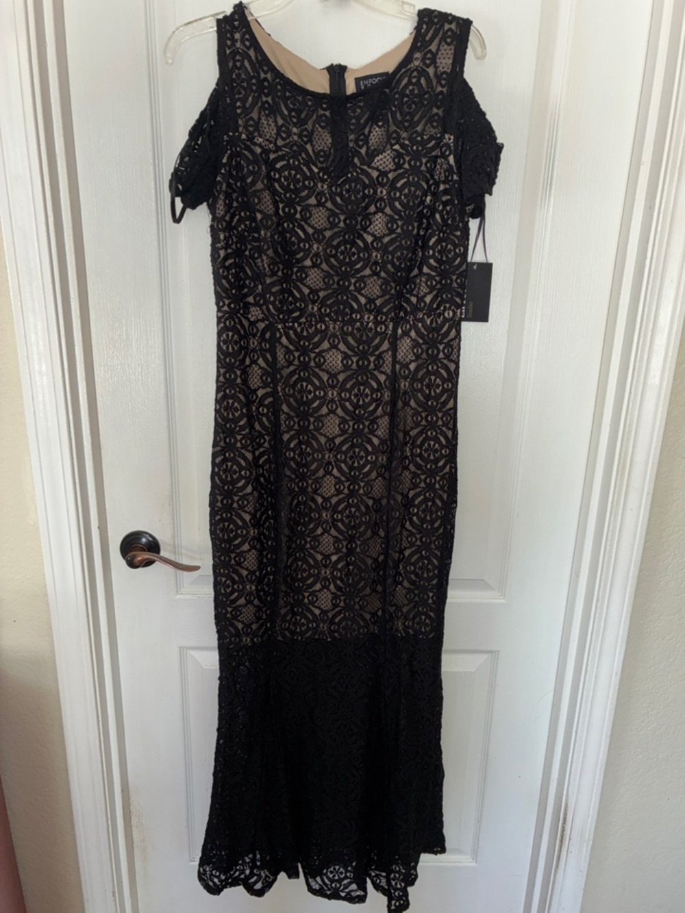 Enfocus Studio Black Lace Cold-Shoulder Maxi with Nude Lining